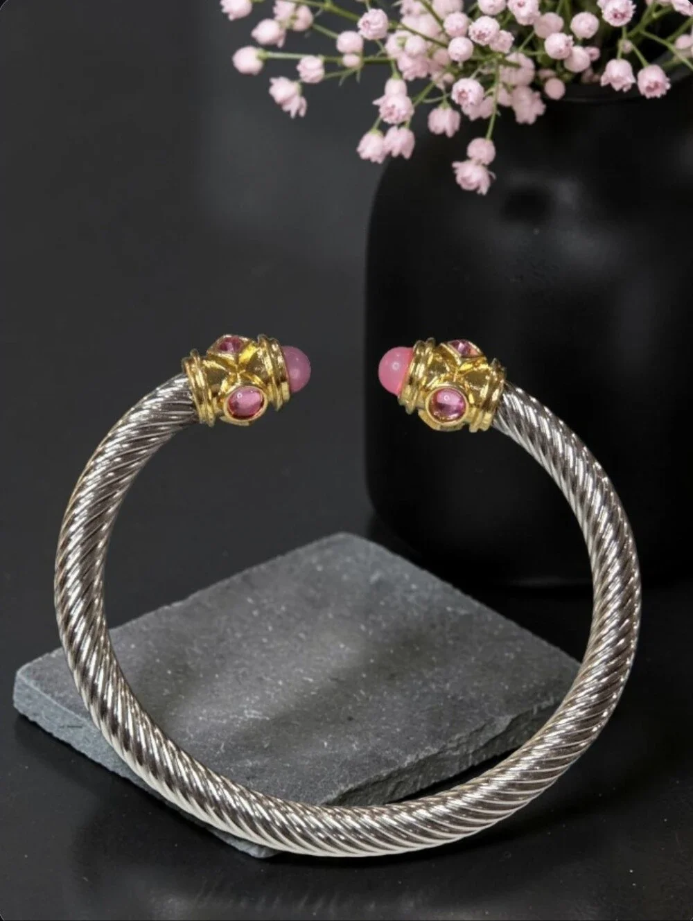 Luxury 18k Gold Plated 2 Tone Silver Twisted Cable Pastel Pink Crystal Bracelet